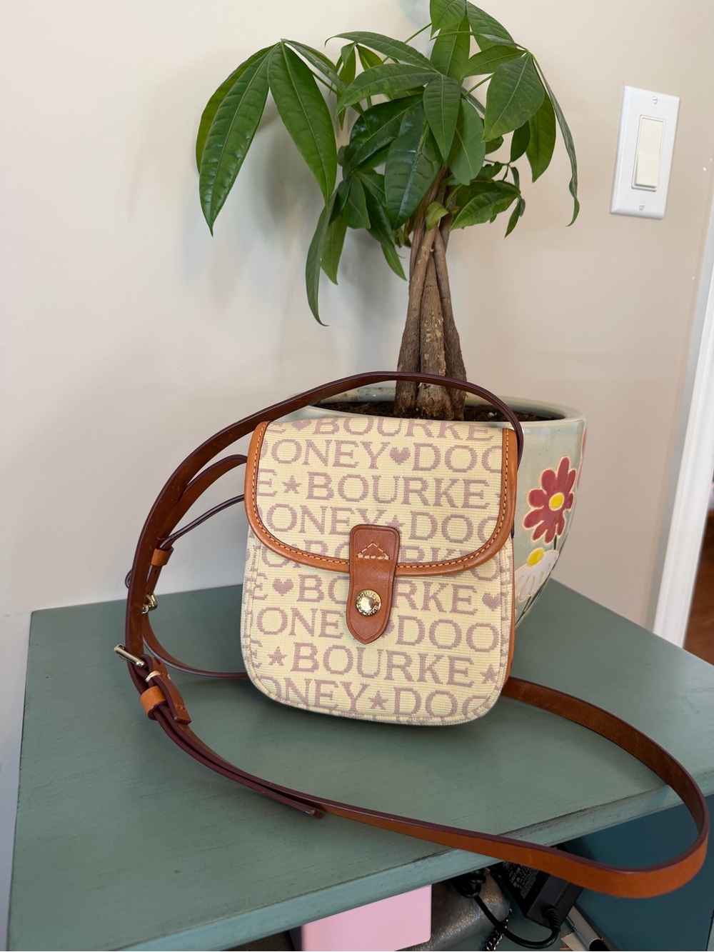 Dooney & Bourke Cream Logo Crossbody with Brown Leather Trim - Picture 1 of 3
